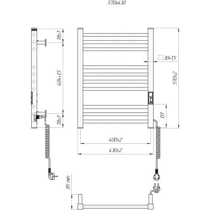 Fürdőszobai törölközőszárító radiátor HF DERBY 100W/230V 57x43 cm, fehér, jobb oldali