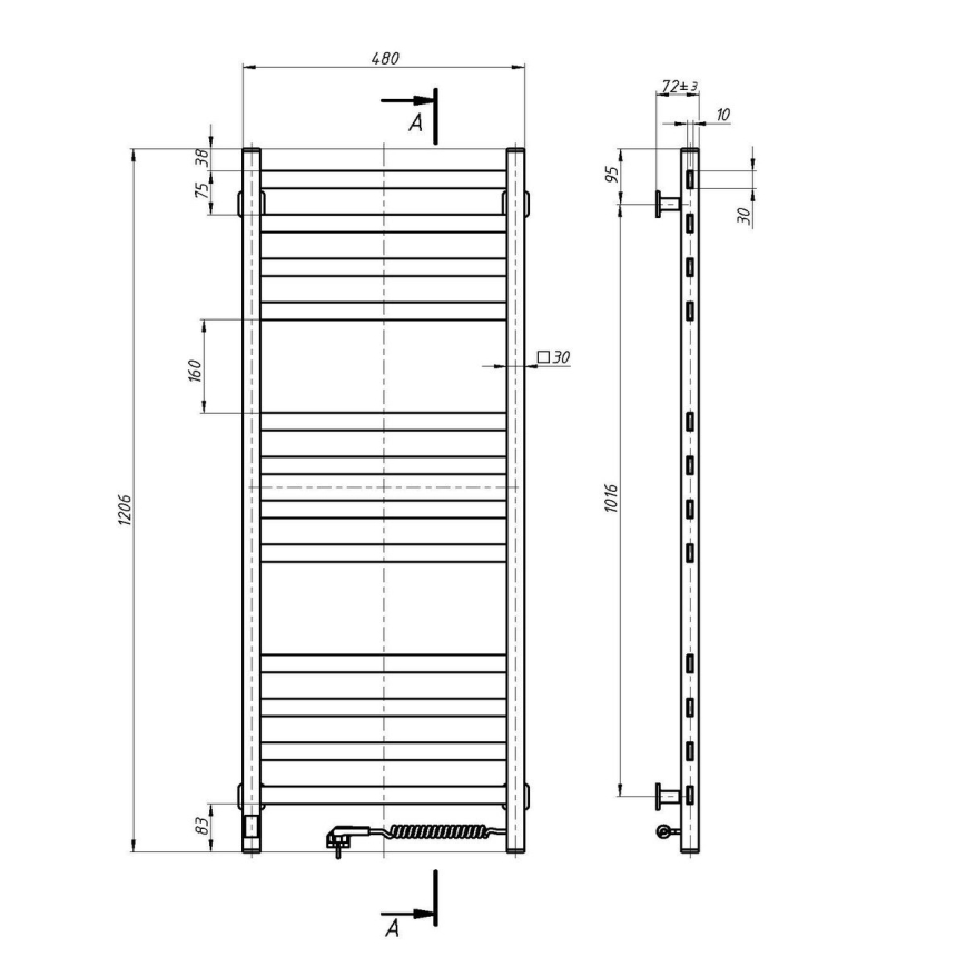 Fürdőszobai törölközőszárító radiátor termosztáttal AVANGARD 227W 120x48cm  fehér jobb oldali