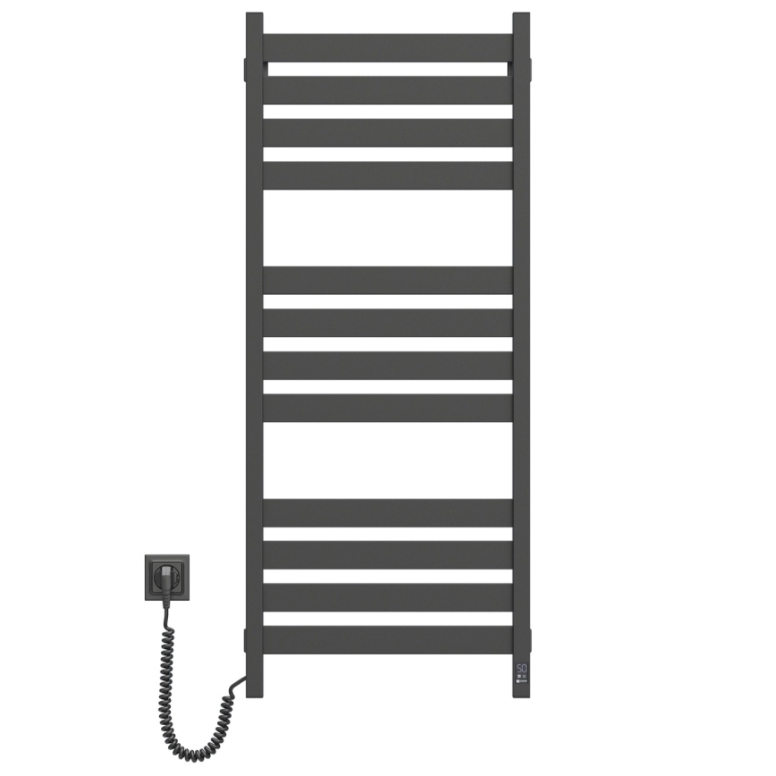 Fürdőszobai törölközőszárító radiátor termosztáttal LARGO 256W 120x50 cm fekete, balos kivitel