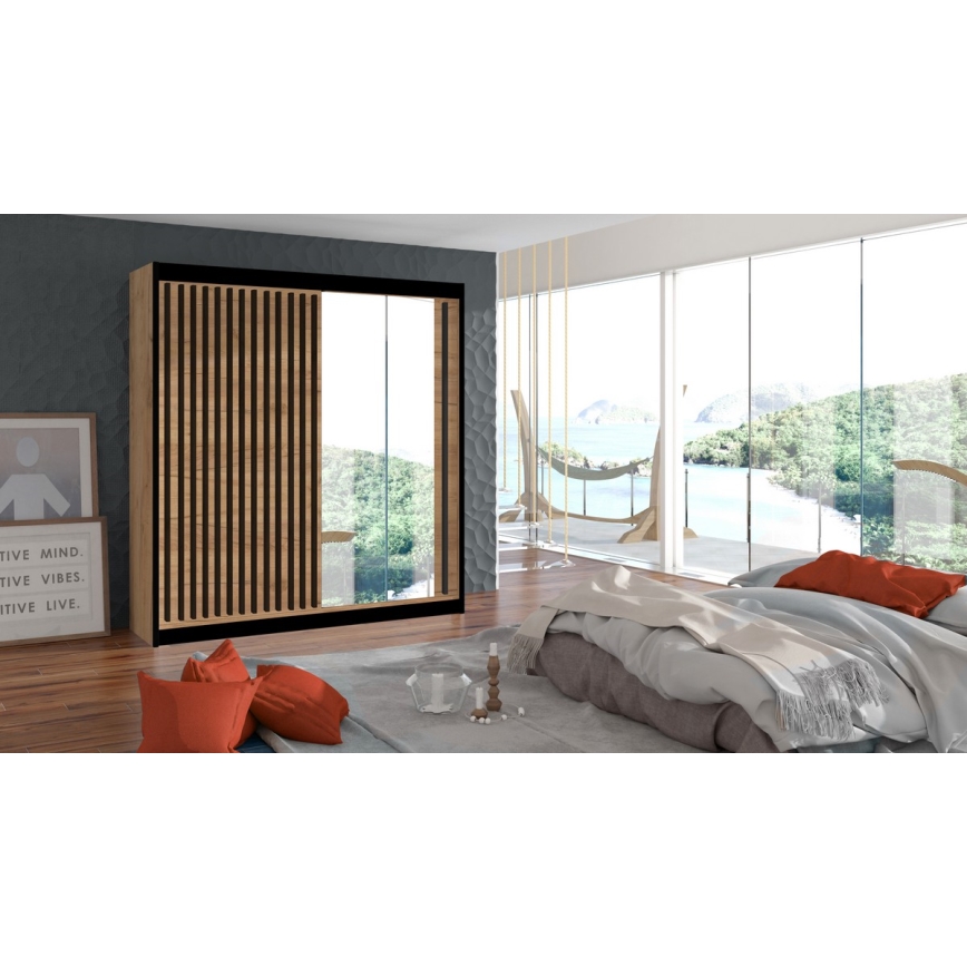 Gardróbszekrény SANTINO tükörrel 203x215 cm craft tölgy/fekete