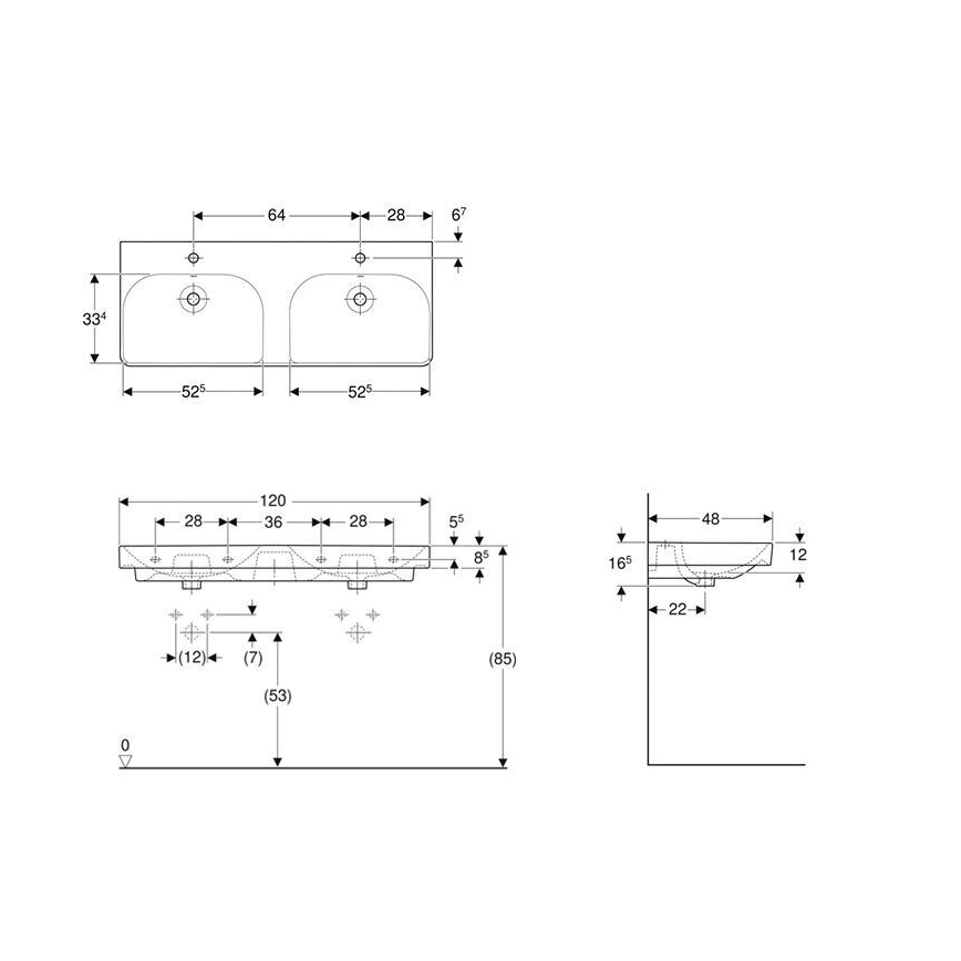 Geberit 500.223.01.1 - Smyle Square 120x48 cm kétmedencés fali mosdó, kerámia, fehér