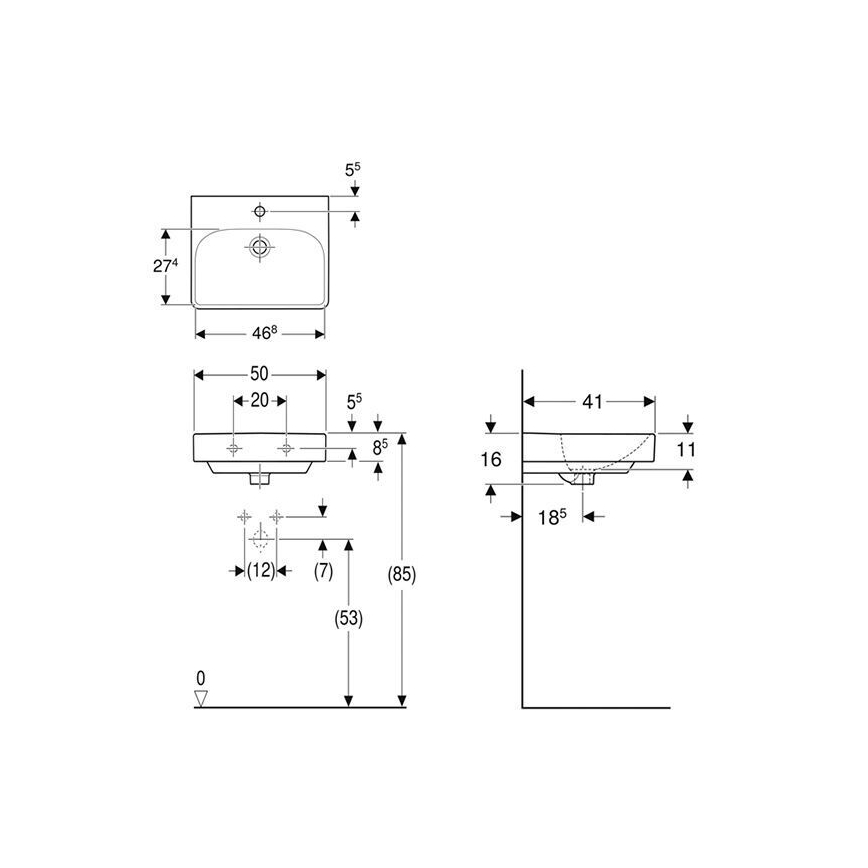 Geberit 500.256.01.1 - Smyle Square függesztett mosdó 50x41 cm kerámia/fehér