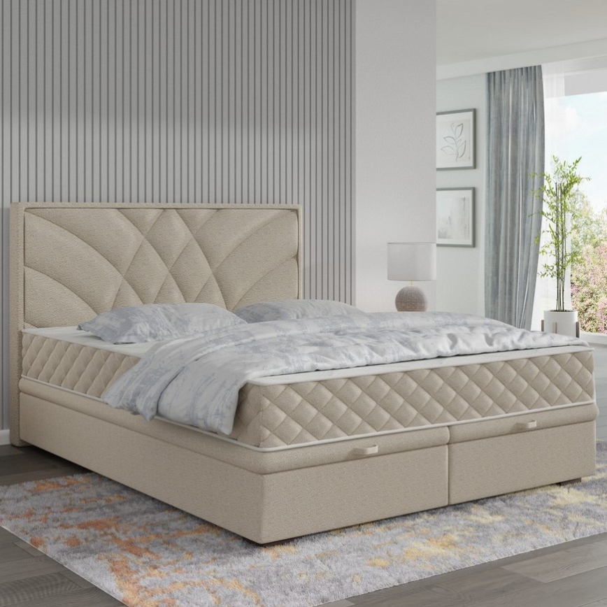 GINA 140x200 cm bézs kárpitozott ágy matracokkal és ágyneműtartóval