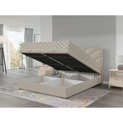 GINA 140x200 cm bézs kárpitozott ágy matracokkal és ágyneműtartóval