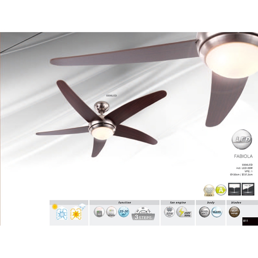 GLOBO 0306LED - Mennyezeti ventilátor FABIOLA 1xLED/20W/230V