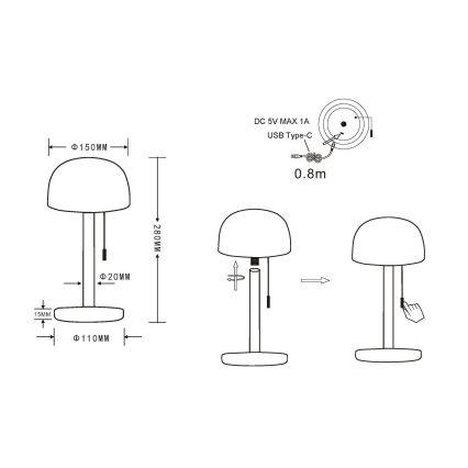 Globo - LED Újratölthető asztali lámpa LED/1,5W/3,7V 3000/4200/6000K 1800mAh fekete