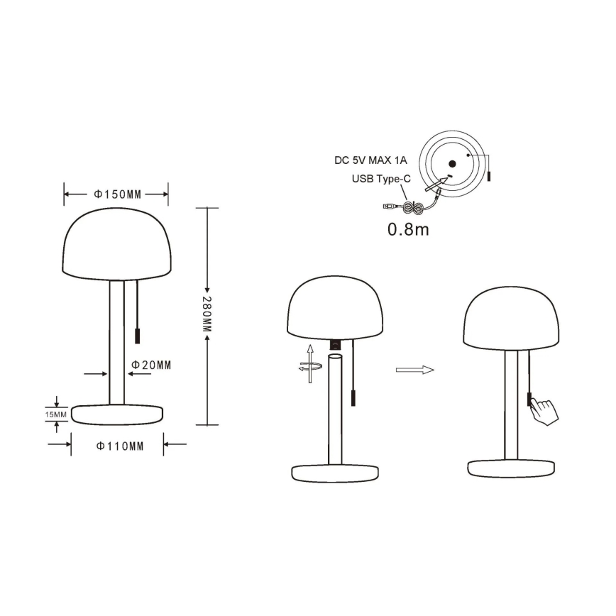 Globo - LED Újratölthető asztali lámpa LED/1,5W/3,7V 3000/4200/6000K 1800mAh fekete