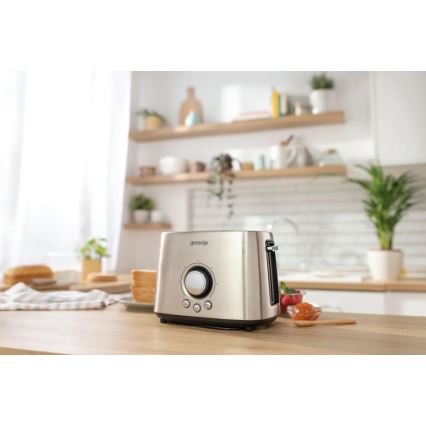 GORENJE T1000E - Kétnyílásos, melegítőrácsos kenyérpirító, 1000 W/230 V, rozsdamentes acél