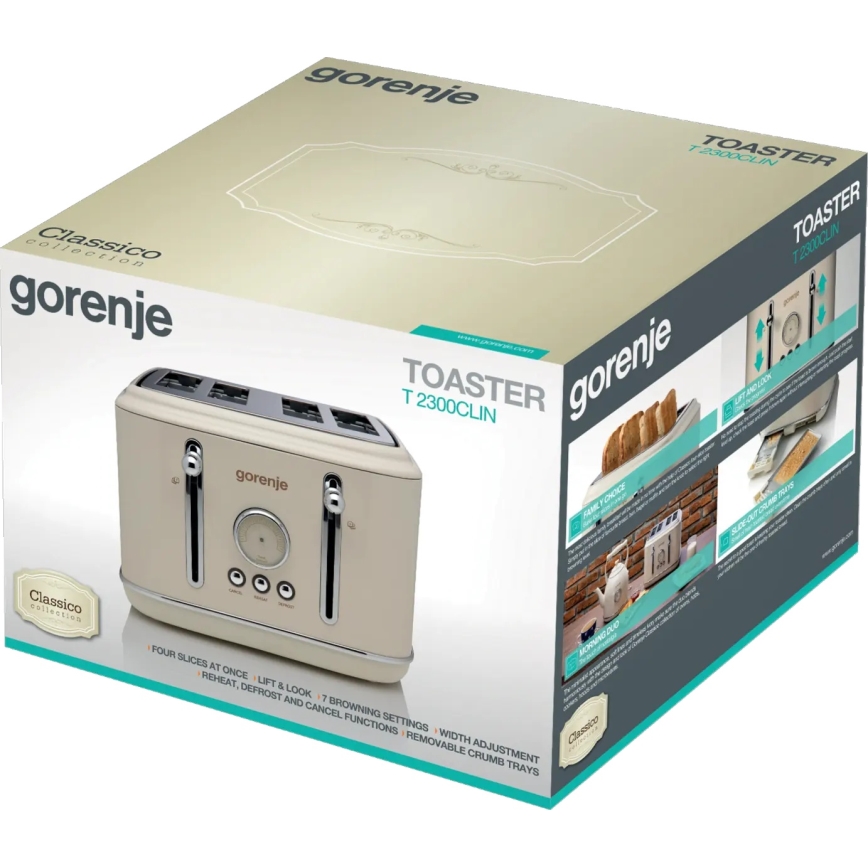 GORENJE T2300CLIN - Négyszeletes kenyérpirító, 1150 W/230 V, bézs
