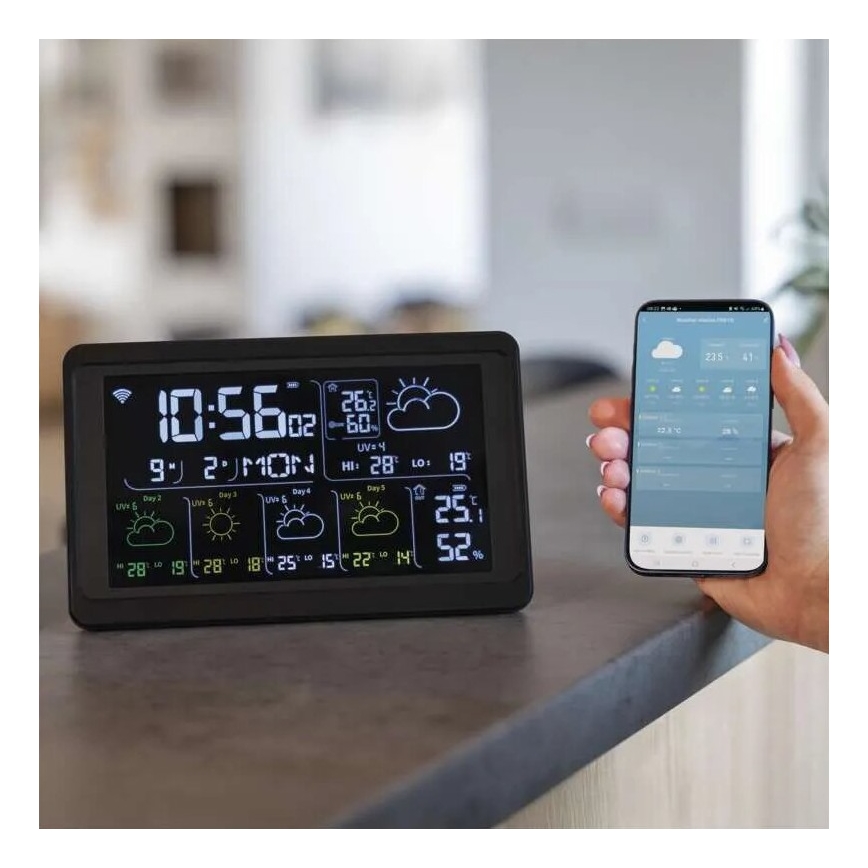 GoSmart időjárás-állomás LCD-kijelzővel, 230V/3×AAA + 2×AAA, Tuya Wi‑Fi, fekete