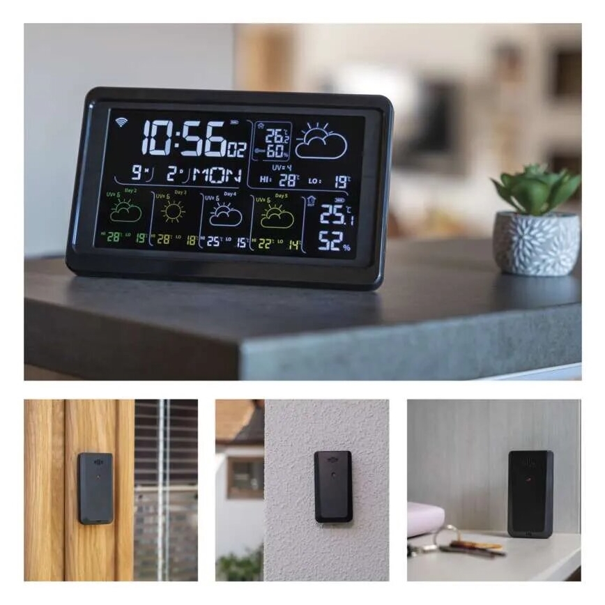 GoSmart időjárás-állomás LCD-kijelzővel, 230V/3×AAA + 2×AAA, Tuya Wi‑Fi, fekete