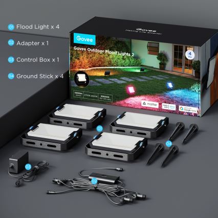 Govee - 4 darabos RGBICWW LED reflektor készlet, fényerőszabályozható, 24W, 230V, IP66, Matter és Wi‑Fi