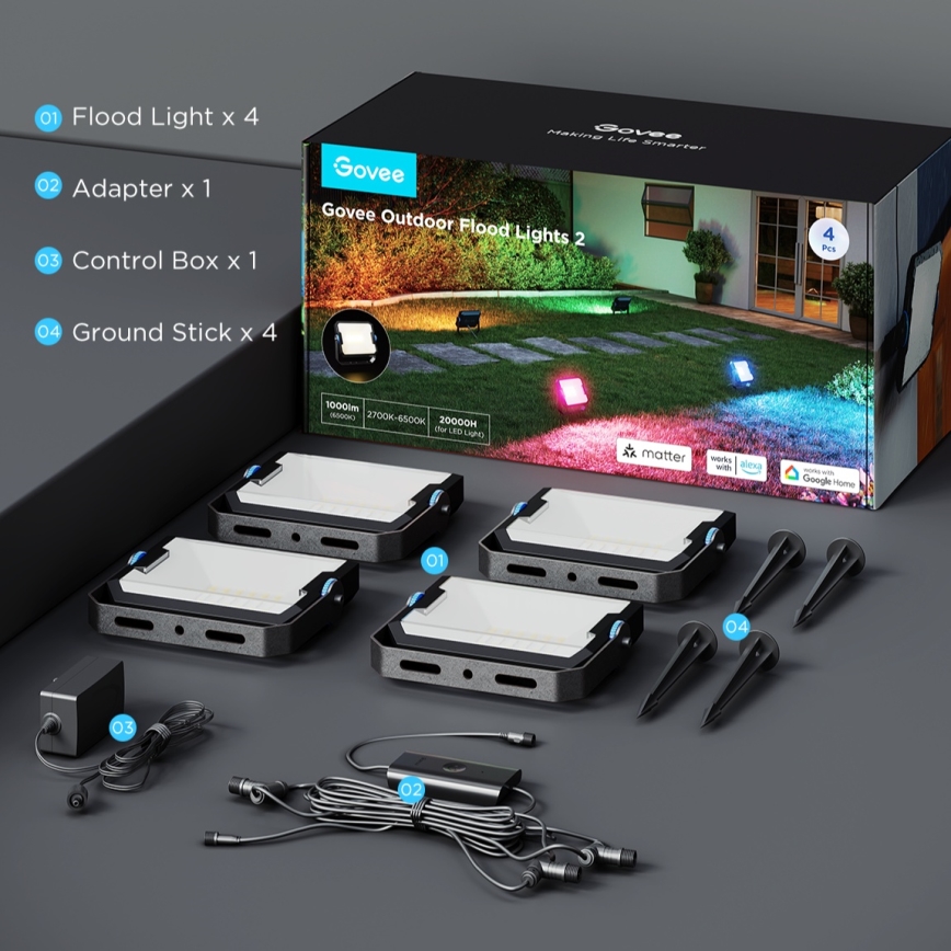 Govee - 4 darabos RGBICWW LED reflektor készlet, fényerőszabályozható, 24W, 230V, IP66, Matter és Wi‑Fi