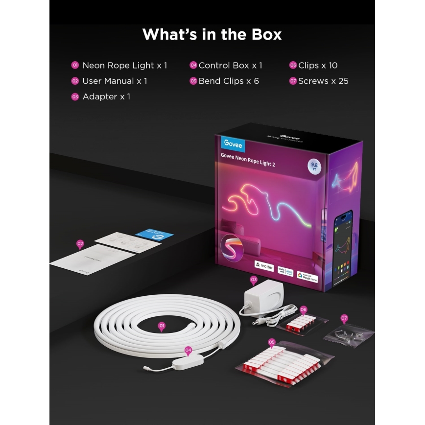 Govee - Neon 2 MATTER rugalmas RGBIC LED szalag, 3 m-es, Wi-Fi