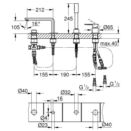 GROHE 19577001 - Fürdőkádhoz négylyukú kombinált csaptelep LINEARE, fényes króm