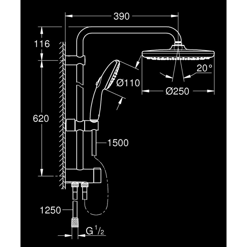GROHE 26680001 - VITALIO START SYSTEM 250 zuhanyrendszer, 390 mm, fém, króm
