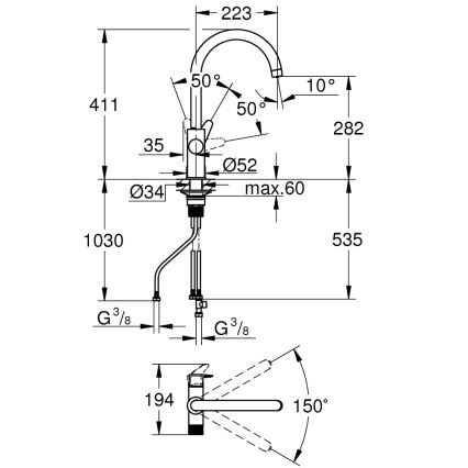 GROHE 30592000 - Mosogató csaptelep BLUE PURE StartCurve 411 mm, fényes króm
