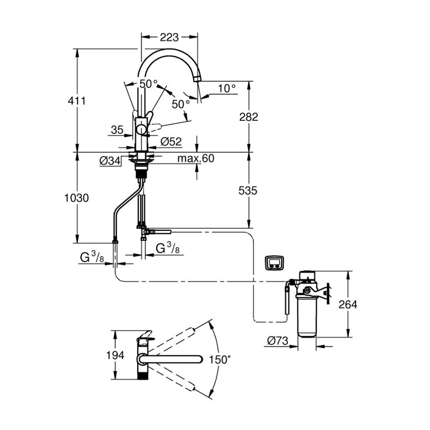 GROHE 30593000 - Mosogató csaptelep BLUE PURE C-kifolyó, fényes króm
