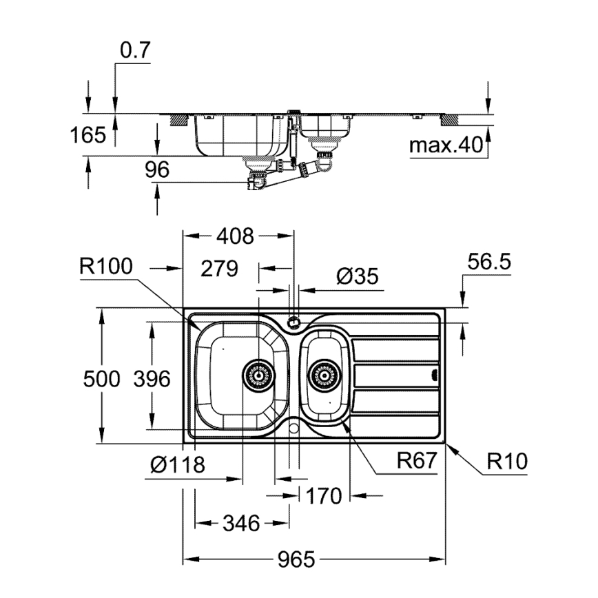GROHE 31564SD1 - K200 mosogató 965 × 500 mm rozsdamentes acél