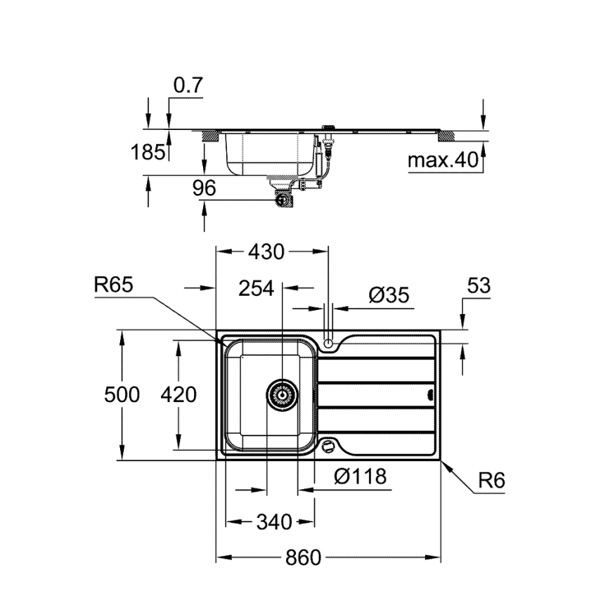GROHE 31571SD1 - K500 mosogató 860 × 500 mm rozsdamentes acél
