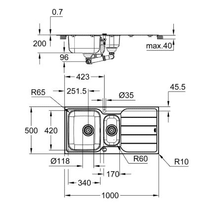 GROHE 31572SD1 - K500 mosogató 1000 × 500 mm rozsdamentes acél