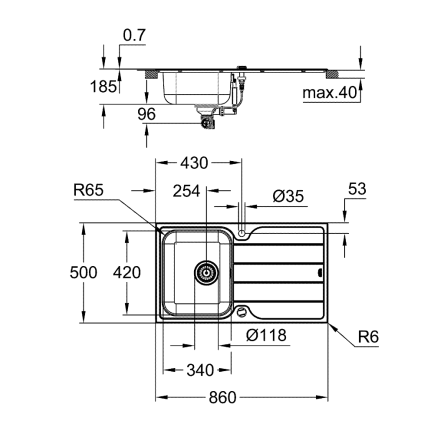 GROHE 31573SD1 - Konyhai mosogató szett K500 csepegtetővel és A csapteleppel, 86×50 cm, rozsdamentes acél