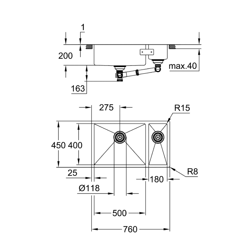GROHE 31575SD1 - K700U konyhai mosogató, 760 × 450 mm, rozsdamentes acél
