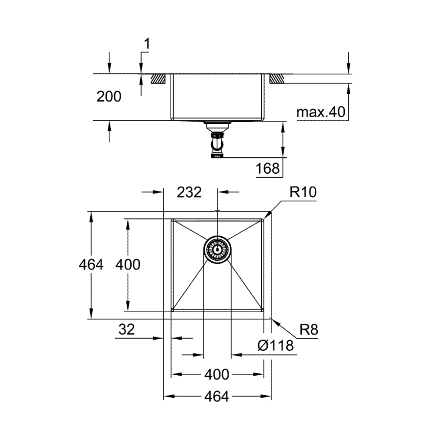 GROHE 31578SD1 - K700 mosogató, 464 x 464 x 200, rozsdamentes acél