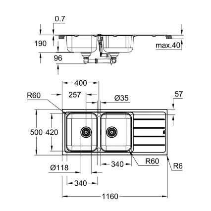 GROHE 31588SD1 - K500 mosogató 1160 × 500 mm rozsdamentes acél