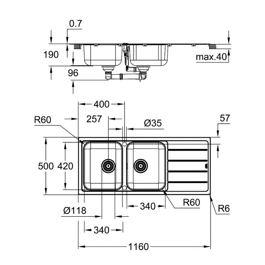 GROHE 31588SD1 - K500 mosogató 1160 × 500 mm rozsdamentes acél