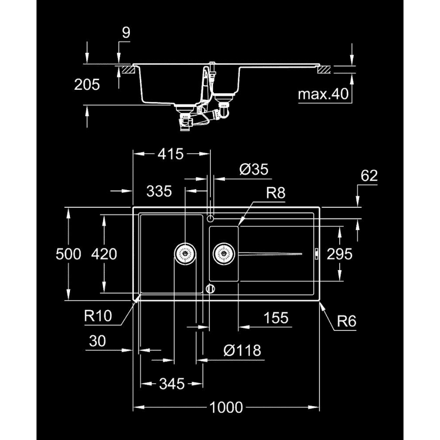 GROHE 31642AP0 - K400 kompozit mosogató 1000 × 500 mm fekete