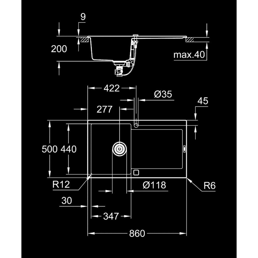 GROHE 31644AP0 - K500 kompozit gránit mosogató, 860 × 500 mm, fekete