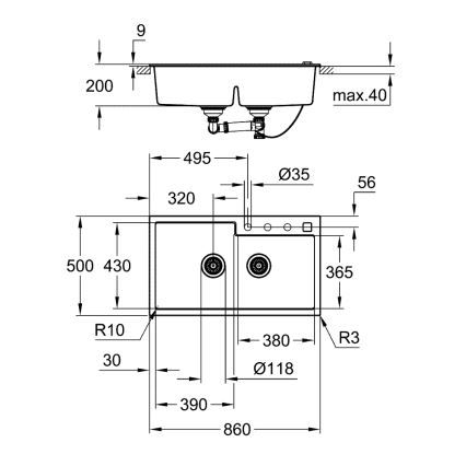 GROHE 31649AP0 - K500 kompozit mosogató, 860 × 500 mm, fekete