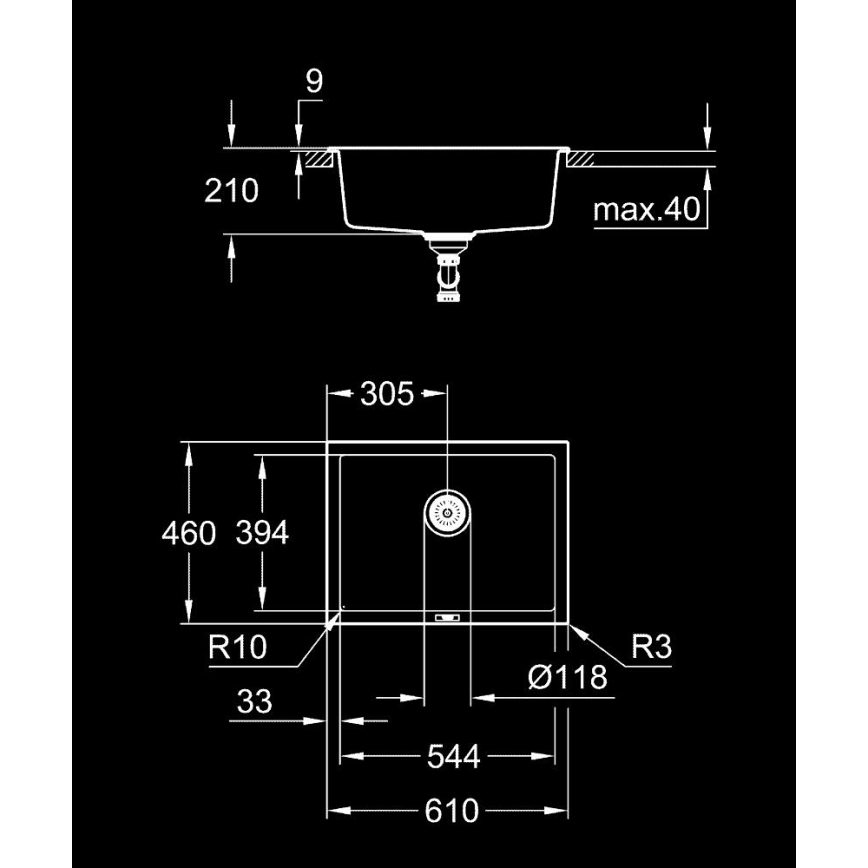 GROHE 31655AP0 - K700U kompozit mosogató, 610 × 460 mm, fekete