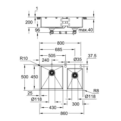 GROHE 31855SD0 - K700 konyhai mosogató 860 × 500 mm, rozsdamentes acél