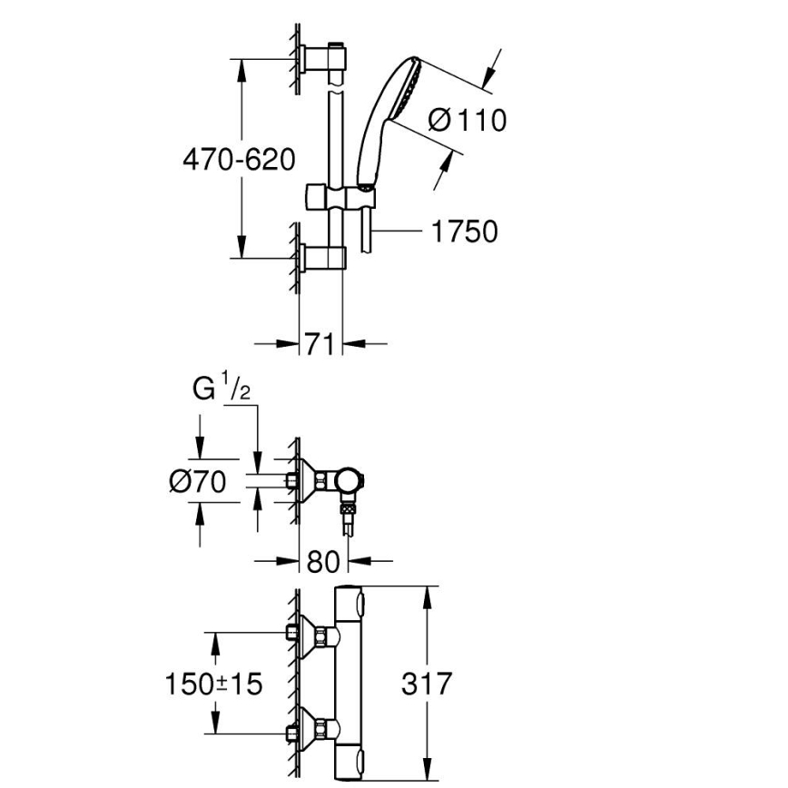 GROHE 34800001 - PRECISION FLOW 600 mm termosztátos zuhanyszett, fényes króm