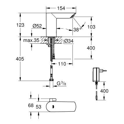 GROHE 36453000 - Infra elektromos mosdócsaptelep BAU COSMOPOLITAN E 123 mm króm