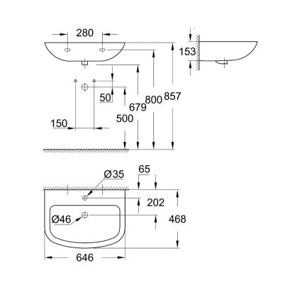 GROHE 39420000 - Függesztett mosdó BAU CERAMIC 646 × 468 mm kerámia/fehér