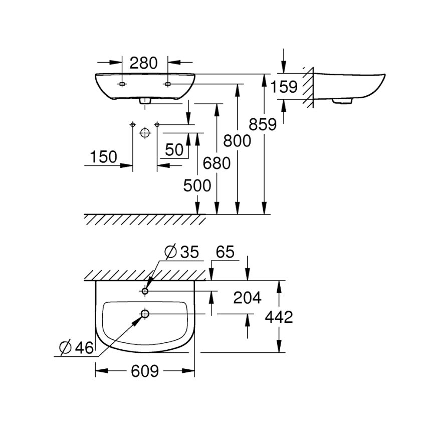 GROHE 39421000 - BAU CERAMIC falra szerelhető mosdó 609 × 442 mm kerámia/fehér
