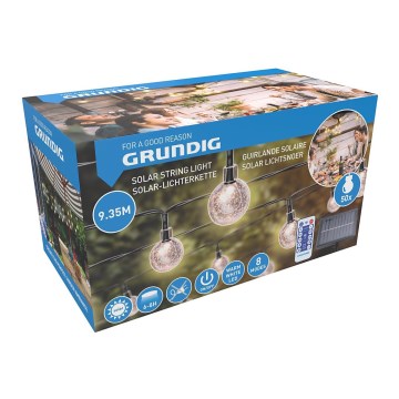 Grundig - Fényerőszabályozható napelemes fényfüzér, 50 LED / 8 üzemmód, 9,35 m, meleg fehér, 1200 mAh, IP44 + távirányító
