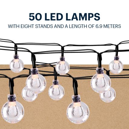 Grundig - LED napelemes fényfüzér 50xLED/8 funkció 6,9 m meleg fehér 600 mAh