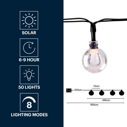 Grundig - LED napelemes fényfüzér 50xLED/8 funkció 6,9 m meleg fehér 600 mAh