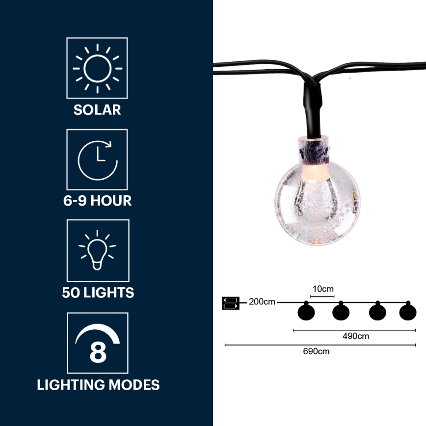 Grundig - LED napelemes fényfüzér 50xLED/8 funkció 6,9 m meleg fehér 600 mAh