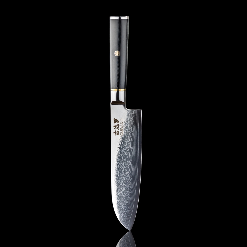 Gudaro - Dámaszkuszi Santoku konyhakés AKIRO 7, 67 rétegű acélból készült, 17,5 cm hosszú, fekete