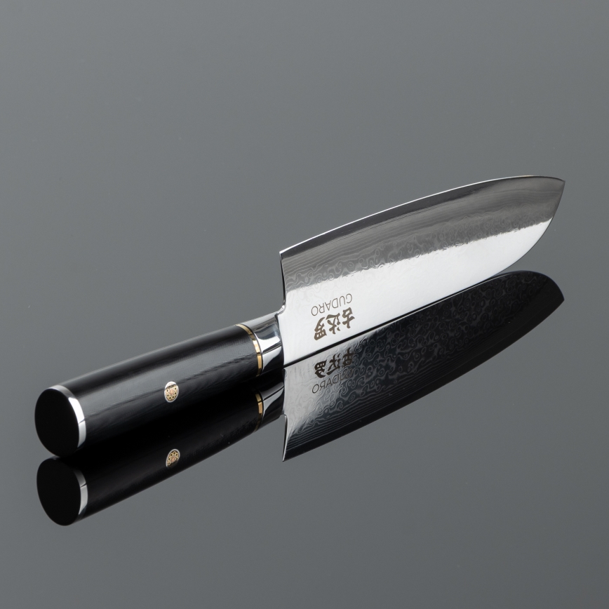 Gudaro - Dámaszkuszi Santoku konyhakés AKIRO 7, 67 rétegű acélból készült, 17,5 cm hosszú, fekete