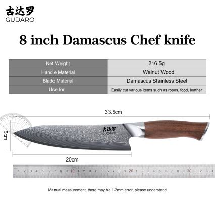 Gudaro - TAKUMI 8 damaszkuszi séfkés, 67 rétegű acél, 20 cm pengéjű, diófa markolat