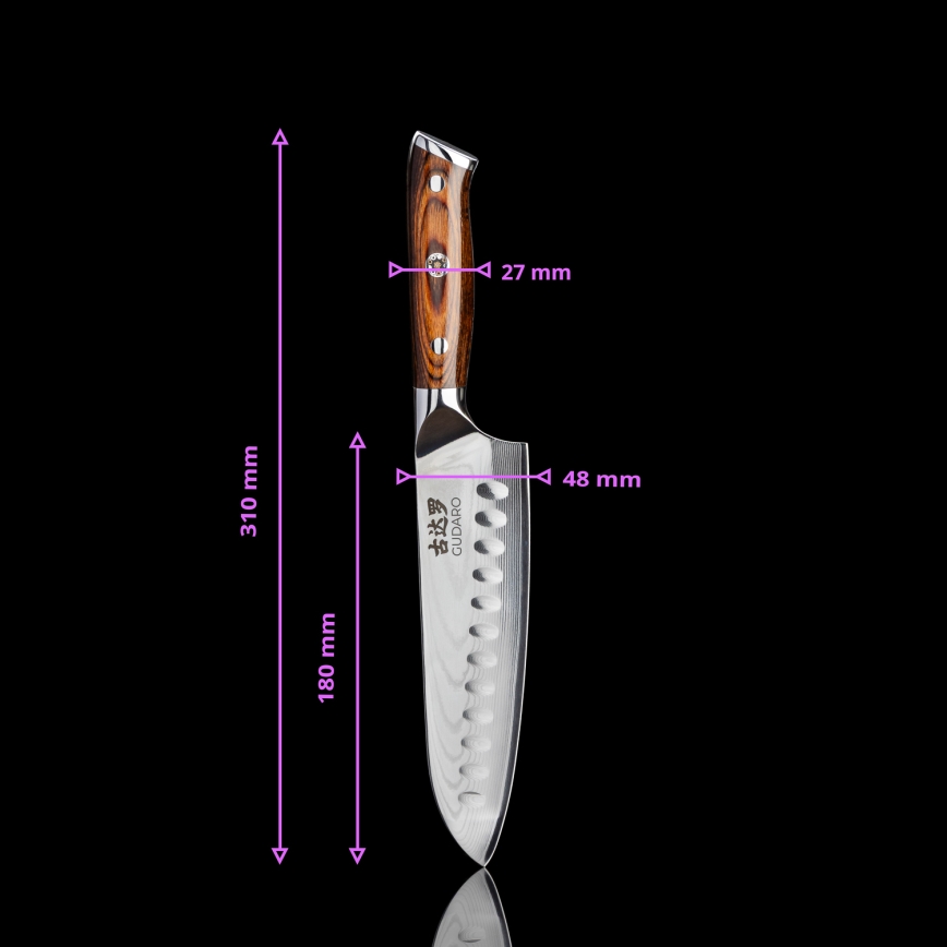 Gudaro - SZETT 1x Damaszkuszi séfkés FENG 8, 67 rétegű acélból, hossz 20 cm + 1x damaszkuszi Santoku konyhakés FENG 7,5, 67 rétegű acélból, hossz 18 cm + 1x INGYENES damaszkuszi gyümölcskés FENG 3,5, 67 rétegű acélból, hossz 9,5 cm