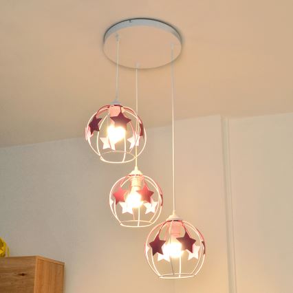 Gyerek csillár zsinóron STARS 3xE27/15W/230V rózsaszín/fehér