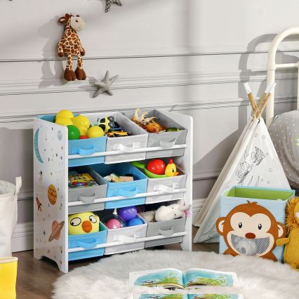 Gyerek tároló polc textil dobozokkal ANET kék/fehér