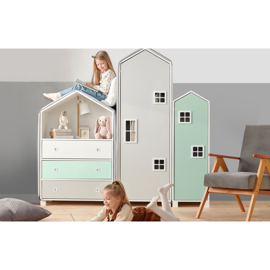 Gyermek szekrény MIRUM 126x80 cm fehér/szürke/zöld